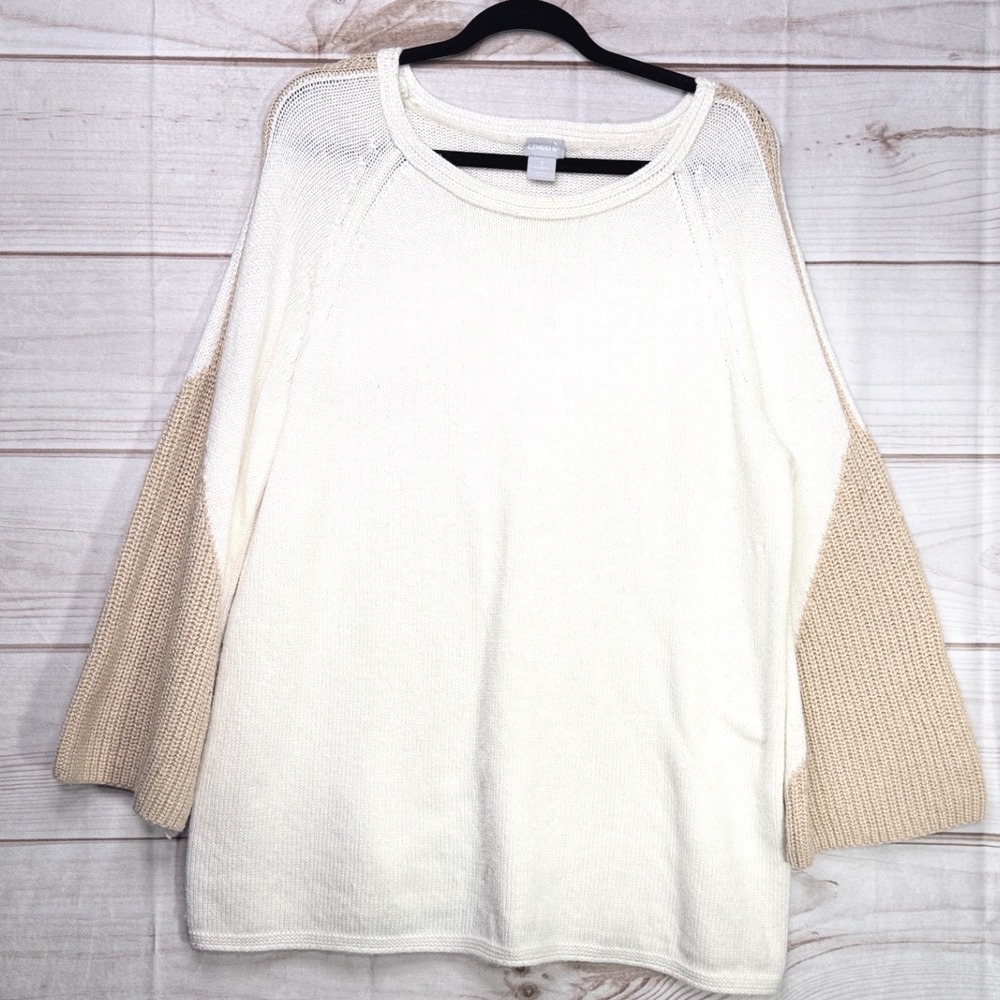 Chicos Sz 3 XL White Gold Sparkle Sweater Bell Sleeves Bateau Stitch Knit